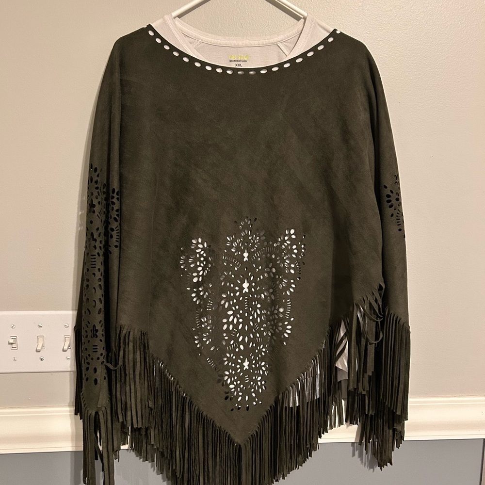 Faux Suede Olive Green Fringe Poncho with Cutout Design
